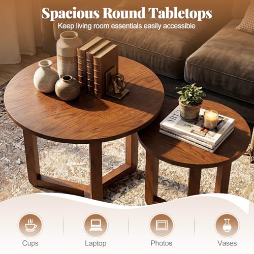 GIANTEX Round Nesting Coffee Table Set of 2, Wood End Tables, Walnut | Thickened Top & Solid Rubber Wood Legs, Farmhouse Sofa Side Table for Small Spaces Living Room Bedroom - color: Walnut
