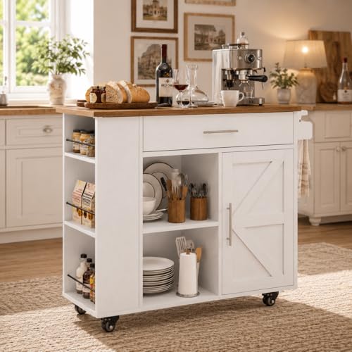 4 EVER WINNER 39" Rolling Kitchen Island with Storage and Drawer, Farmhouse Kitchen Island on Wheels with 3-Tier Spice Rack, Adjustable Shelf & Towel Rack, Mobile Kitchen Cart for Small Space, White - style: WHITE