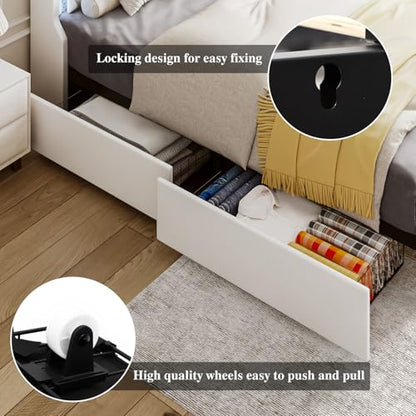 Twin Bed Frame with LED Lights & Charging Station, Upholstered Bed Frame Twin Size with Storage Headboard & 2 Drawers, Diamond Tufted, Curved Wingback, PU Leather, No Box Spring Needed, White - color: White, size: Twin