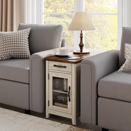 LINSY HOME End Table with Charging Station, Modern Farmhouse Wooden Side Table with Drawer, Detachable Holder, Extra Storage & Display Space, for Living Room and Bedroom, Glass Door, Washed Grey | Built-in Charging Station with USB & Outlet, Drawer Storag