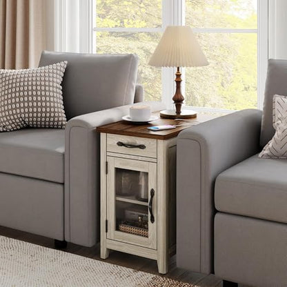 LINSY HOME End Table with Charging Station, Modern Farmhouse Wooden Side Table with Drawer, Detachable Holder, Extra Storage & Display Space, for Living Room and Bedroom, Glass Door, Washed Grey | Built-in Charging Station with USB & Outlet, Drawer Storag