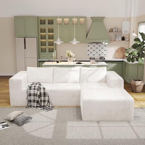 106" Boneless Couches for Living Room, Modular Sectional Sofa, L-Shape Sofa Couches,Cloud Couch Sectional, Comfy Corduroy Sofa, with Deep Seat, No Assembly Required (White, 108"+Right Facing Chaise) - color: White, size: 108"+Right Facing Chaise