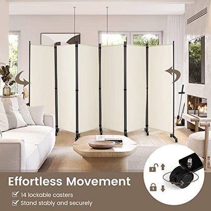 NAFORT 6 Panel Folding Room Divider for Room Separation, Freestanding Privacy Screen with Lockable Universal Wheels, Fabric Wall Partition Screen for Living Room, Bedroom, Office, White - color: White