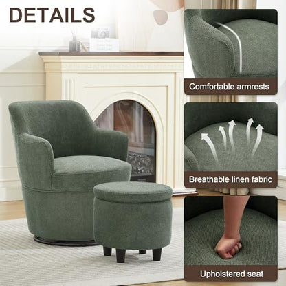 LOULENS Swivel Accent Chair with Storage Ottoman, Linen,Green | Small, Barrel, Reading Chair, Vanity Chair, Comfy Single Sofa, Armchair, For Living Room, Bedroom - color: Green