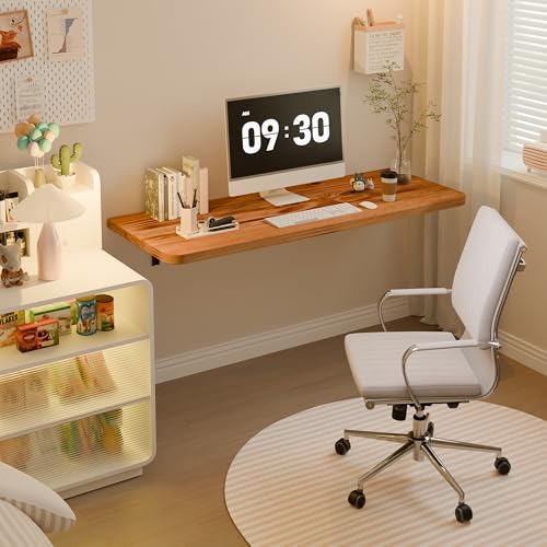 Dogsky 48" x 16" Floating Wall Desk, Fold Down Wall Table - 300 lbs Heavy Duty Solid Pine Wall Mount Folding Desk for Home Office, Laundry Room, Kitchen & Small Apartment, Burning Yellow - color: Burning Yellow, size: 48'' x 15.7'' x 8.3''