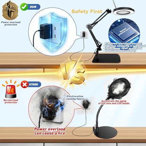 15X Magnifying Glass with Light & Stand,Real Glass,RTM Safety Protection,5 Colors Stepless Dimmable Eye-Caring LED,2-in-1 Hands-Free Desk & Clip-On Magnifier for Reading Crafts Painting & Repair
