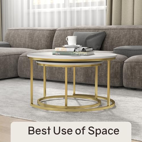 Otterease Nesting Tables Set of 2, Small Round Coffee Table for Living Room | Nesting Coffee Table with Adjustable Non-Slip Feet, White Marble Top Stack Nesting Table for Living Room, Bedroom, White - color: 31.5" Marble White