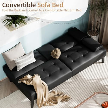 Shintenchi Futon Sofa Bed, Leather Foldable Futon Couch, Reclining Sleeper with Removable Armrests, Upholstered Loveseat Sofa Couch with Folding Cup Holders for Home, Office(Black)