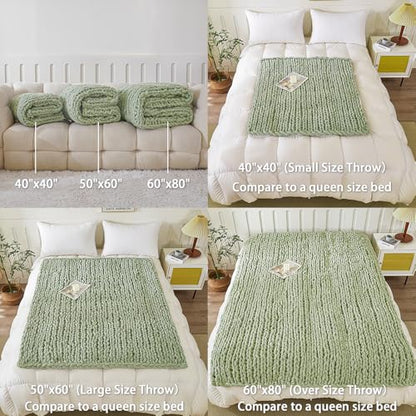WESHIONGOO Chunky Knit Blanket Throw for Couch Bed 40"×40" Sage Green | 100% Handmade Knit Throw blanket Throw Blanket With Jumbo Chenille Yarn Thick - color: Sage Green, size: 40"x40"(Small Size Throw)