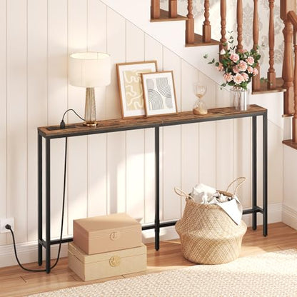 MAHANCRIS 55.1 Skinny Console Table with Power Outlets, 5.9" Slim Sofa Table Behind Couch, Long Entryway Tables, Narrow Sofa Hallway Table, Living Room CTHR145E01 - size: 5.9"D x 55.1"W x 31.7"H