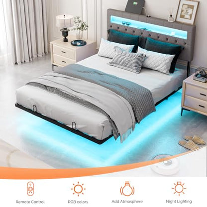 VINGLI Full Size Floating Bed Frame with LED Lights, Adjustable Velvet Upholstered Bed with Charging Station, Modern Metal Full Bed, Easy Assembly, No Box Spring Needed, Grey - color: Grey, size: Full