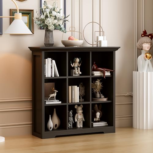 9-Cube Open Bookcase with Base, 3-Tier Wooden Bookshelf, Black | Curved Base, Crown Molding, Fits 11×11" Bins, Modern Storage Cabinet for Living Room, Bedroom, Home Office - color: Black, size: 9-Cube