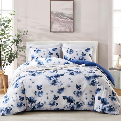 Cupocupa Queen Duvet Cover Set - 3pc Blue Floral Art Deco Bedding - Soft Botanical Print Polyester Duvet Cover with 2 Pillowcases - All Season Reversible Comforter Cover (Queen, Blue Floral) - color: Blue Floral, size: Queen