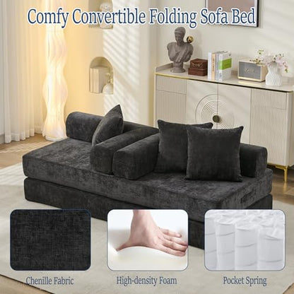 Convertible Folding Sofa Bed Modular Floor Couch, 78.8‘’ Cloud Sleeper Sofa with Removable Backrest, Chenille Foldable Mattress Couch, Lazy Loveseat for Small Space, Apartment, Bedroom, Black - color: #3-black