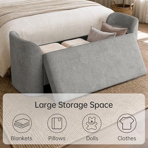 Usaint 58.3" Upholstered Storage Ottoman Bench with 2 Throw Pillows, Grey | End of Bed Bench with Curved Arms and Thickened Seat Cushion for Bedroom, Livingroom, Window, Entryway and Dressing Areas - color: Grey