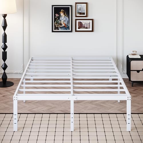 DiaOutro 18 Inch White Full Size Bed Frame with High Storage | Steel Slats Platform No Box Spring Needed Mattress Foundation, Easy Assembly, Noise Free - size: Full, style: 18 Inch (White)
