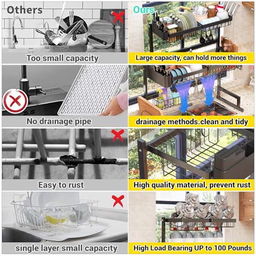 ilvvan Over Sink Dish Drying Rack (Expandable Height/Length) Snap-On Design Large Dish Drainer Storage Counter Organizer 24" - 35.5"(L) x 12"(W) x 19" - 22"(H) - size: 24" - 35.5"(L) x 12"(W) x 19" - 22"(H)
