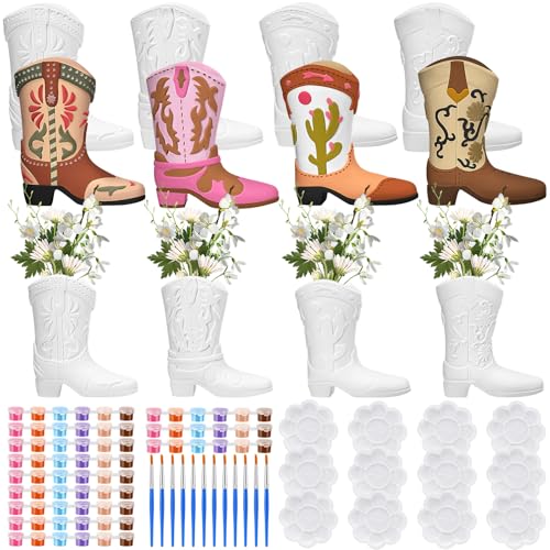 Affrolling 12 Set Cowboy Plaster Boot Vases Ceramics to Paint Ready to Paint DIY Unpainted Plaster Paintable Kit Contains Four Different Styles of Vases with Brush Palette for Adults - style: Plaster Boots