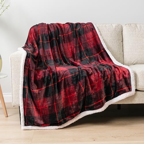 PAVILIA Plaid Sherpa Throw Blanket for Couch Sofa Bed, Black Red, 50x60 | GSM 460; Soft Plush Flannel Fleece; Warm&Cozy for Home; Machine Washable, Perfect Cabin Decor Winter Holiday Christmas Gift - color: Plaid Red, size: 50 x 60 Inches