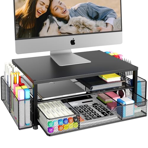 Desk Organizer and Accessories, 2-Tier Computer Monitor Stand Riser with Drawer and 2 Pen Holders, Laptop Stand, Office Desk Accessories for Office Supplies, Black - color: Black 1-Pack, size: 2-Tier