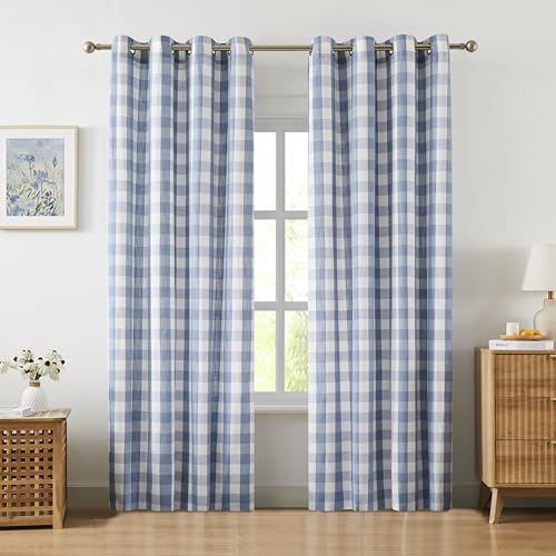 Amzdecor Buffalo Plaid Grommet Curtains 84 Inch Length, Light Filtering Semi-Sheer Check Linen Textured Curtains Drapery for Living Room Bedroom Farmhouse,2 Panels （52" x 84", Dusty Blue & White） - color: Dusty Blue/White, size: 52"W x 84"L (Pack of 2)