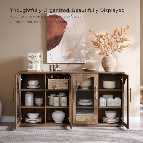 Glass Arched Door Sideboard Buffet Cabinet Set of 2, Rustic Oak | Modular, Multi-Compartment Storage, Adjustable Shelf, Soft Close Hinges, Freestanding, for Dining Room, Living Room - color: Rusti Brown