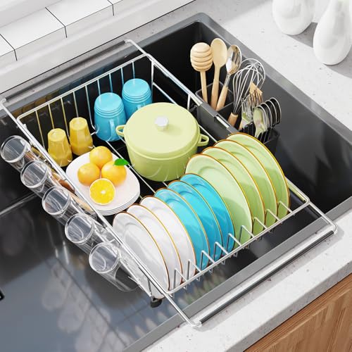 Simple Trending Adjustable Dish Drying Rack in Sink with Utensil Holder | Expandable Dish Rack, Dish Drainer Over Sink for Small Kitchen, Space Saving, Fast Drain, Non-Slip Feet, Fit Most Sink - size: Iron