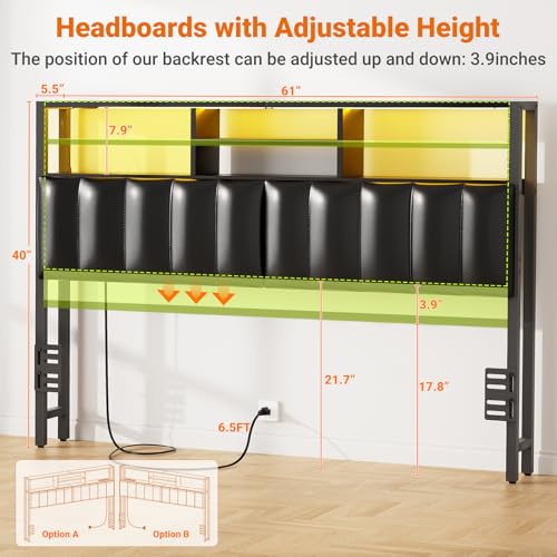 Aheaplus Headboard for Queen Size Bed with Storage, Upholstered Headboards with Outlets, USB Ports and LED Light, Reversible Queen Size Head Board, Height Adjustable, Comfortable Headboard, Black - color: Black, size: Queen, style: Upholstered