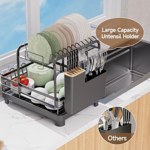 Runnatal 2-Tier Dish Drying Rack, Large Dish Drainers for Kitchen Counter | Anti-Rust Dish Rack with Drainboard, Utensil Holder, Extra Cup Holder, Black - color: Black, size: 2-Tier
