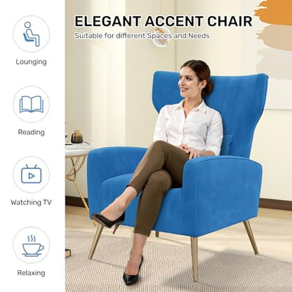 Nebuaegis Velvet Accent Chair Set of 2Wingback for Living Room, High Back Arm Chair with Golden Legs Lumbar Pillow, Upholstered Single Sofa Bedroom Blue - color: Blue, size: Set of 2