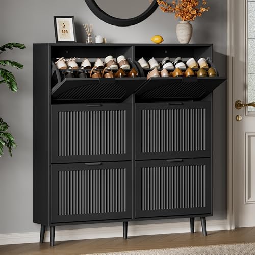 Xixini Shoe Storage Cabinet with 6 Flip Drawers, 50" Tall Narrow Wood Fluted Shoe Organizer for Entryway, Freestanding Wooden Hidden Slim Shoe Rack for Front Door Entrance, Hallway, Foyer, Solid Black - color: Solid Black, size: 6 Flip Drawers