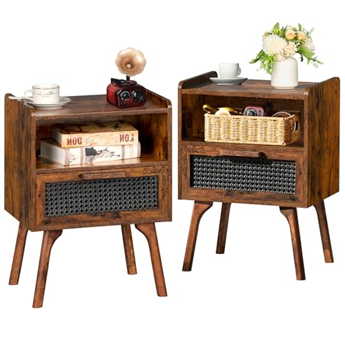 Lerliuo Rattan Nightstands Set of 2, Boho Side Table with Drawer Open Shelf | Cane Accent Bedside End Table with Solid Wood Legs for Bedroom, Dorm and Small Spaces (Brown) - color: Brown, size: 2 pack