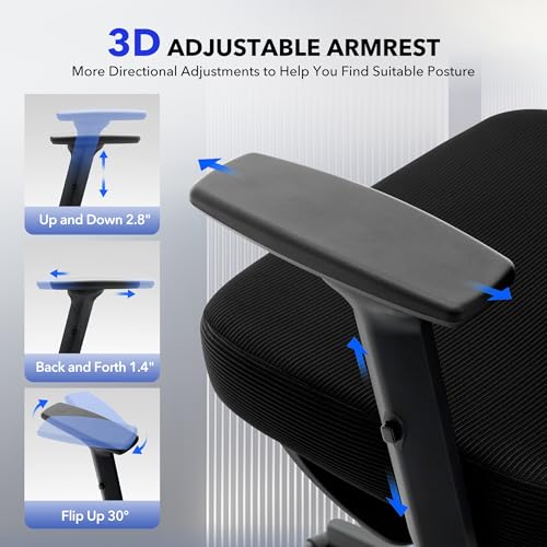 Ergonomic Office Chair Mesh – Adjustable Lumbar 3D Armrests High-Back Desk | Breathable Mesh Backrest; Seat Height & Tilt-Angle Adjustment; Smooth-Rolling Casters; Easy To Assembly, For Home, Office - color: Black-pf1
