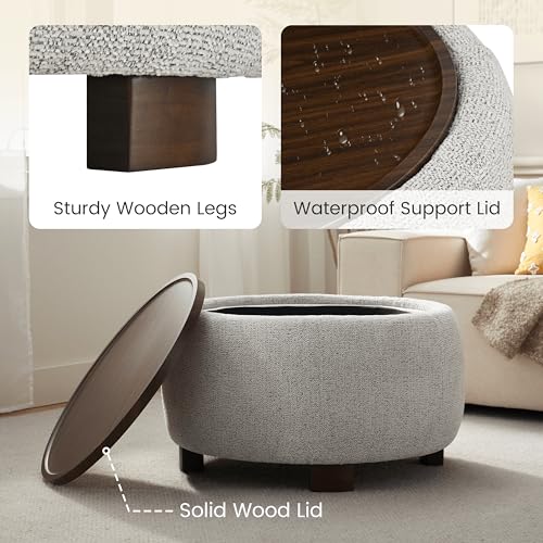 VKNOW 30" Round Storage Ottoman, Ottoman Coffee Table with Removable Wood Top and Solid Wood Legs for Living Room, Bedroom, Apartments (Beige) - color: Beige