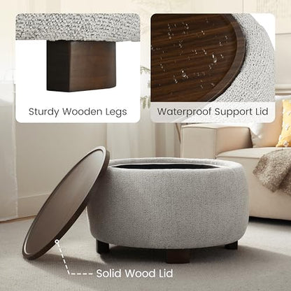 VKNOW 30" Round Storage Ottoman, Ottoman Coffee Table with Removable Wood Top and Solid Wood Legs for Living Room, Bedroom, Apartments (Beige) - color: Beige