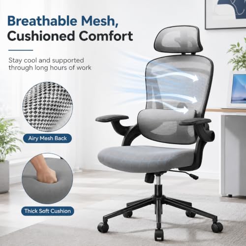 Ergonomic Office Chair, Home Office Desk Chairs with Adjustable Lumbar Support and Headrest, High Back Mesh Computer Desk Chair with 3D Flip-up Armrests & 360° Swivel Wheels, 275 LBS - color: Grey With Lumbar Support
