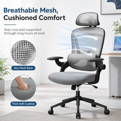 Ergonomic Office Chair, Home Office Desk Chairs with Adjustable Lumbar Support and Headrest, High Back Mesh Computer Desk Chair with 3D Flip-up Armrests & 360° Swivel Wheels, 275 LBS - color: Grey With Lumbar Support