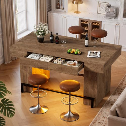 PAKASEPT 63" Bar Table, Rectangular Counter Height Pub Table with 4 Drawers and LED Lights, Large Wooden Counter Height Kitchen Island for Home Bar, Dining Room, Restaurant