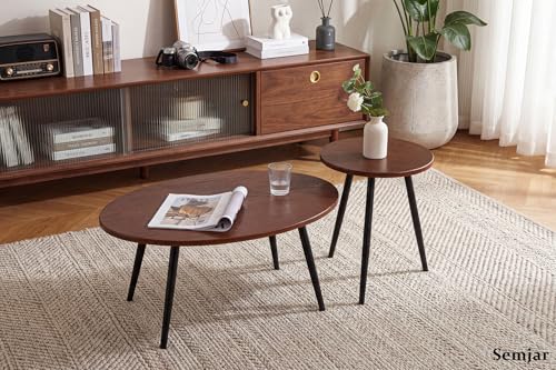 2 Pcs Small Oval Coffee Table,31.5" Retro Walnut Coffee Tables Nesting Tables Set,Easy Assembly Mid Century Modern Coffee Tables for Living Room Office,Coffee Table and End Table Sets - color: Oval-walnut