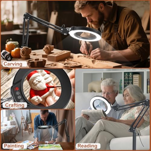 LANCOSC 15X Magnifying Glass with Light and Stand, Real Glass Lens, 5 Color Modes Dimmable, 3-in-1 Adjustable Swing Floor Lamp, LED Lighted Hands Free Magnifier & Clamp for Reading, Crafts, Painting - color: Black