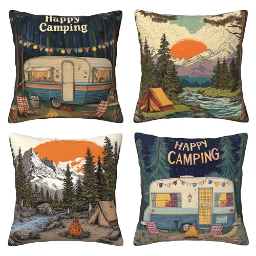 Camping Throw Pillow Covers Set of 4 Decorative Soft Double Sided Print Pillow Case Farmhouse Home Decor for Living Room Sofa Couch 18x18 - color: Camping