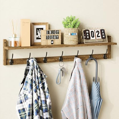 BAMEOS 35" L Wooden Coat Rack Wall Mount, Large Wall Coat Hooks with Shelf, Wall Hanging Shelf with 7 Dual Metal Hooks for Entryway, Bathroom, Kitchen, Living Room, Bedroom - style: Brown-35IN with shelf