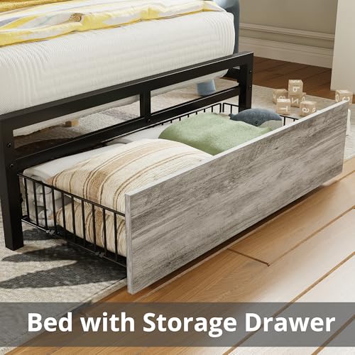 LIKIMIO Twin XL Bed Frames with Drawer and Charging Station, Industrial Gray - color: Industrial Gray, size: Twin XL