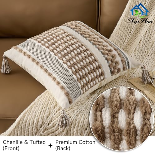 Chenille Striped Textured Boho Throw Pillow Covers Aesthetic with Tassels Woven Decorative Pillow Case for Couch Bed Sofa Bedroom Modern Funky 18 x 18-Inch Taos Taupe - color: Taos Taupe, size: 18" x 18" (Pack of 1)