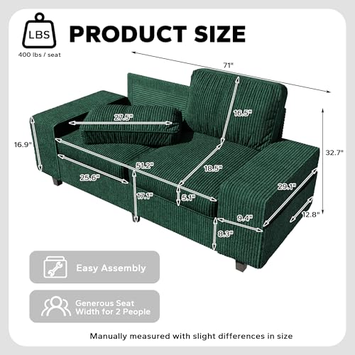 71" Corduroy Loveseat Couch, 2 Seater Retro Sofa with 4 Side Pockets, Removable and Washable Cushions, Mid Century Modern, Living Room, Apartment, Office (Green) - color: Green Corduroy, size: 71 "