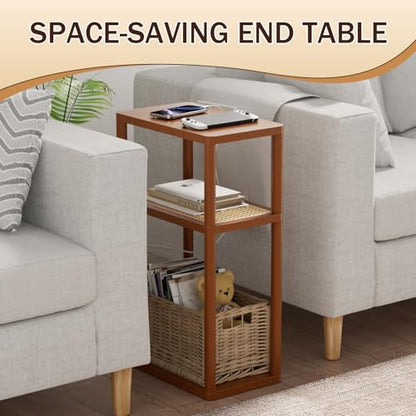 YGYQZ Rattan End Table, 3-Tier Narrow Side Table with Storage, Brown | Space-Saving Design, Slim Storage, Sturdy Construction, Modern Style, Ideal for Living Rooms & Bedrooms - color: Narrow-brown