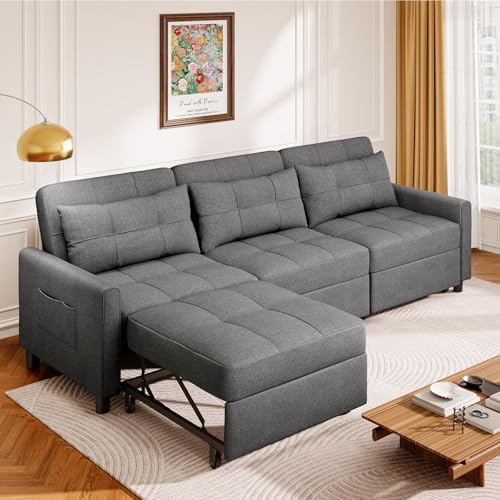 Aiho 78 Inch Sectional Sleeper Sofa, Pull Out Couch, Dark Grey | Pull-out Sleeper with Adjustable Backrest and Ottoman for Flexible Seating and Sleeping in Living Rooms or Guest Rooms - size: 3 Seater