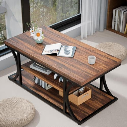 Farmhouse Coffee Table with Storage, 3-Tier Industrial Wood & Metal Coffee Table for Living Room, Rustic Rectangle Center Table with Open Shelves, Rustic Brown