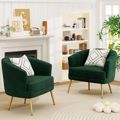 Velvet Accent Chair, Barrel Armchair, Green | Velvet Upholstery, Golden Metal Legs, Comfy Barrel Back, Modern Style, Living Room Bedroom Office - color: Green, size: 1 Chair