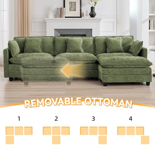 111'' Cloud Deep Seat Sectional Couch, Modern Comfy Chenille L Shaped Sectional Sofa with Movable Ottoman, Upholstered Modular 4-Seater Sofa Couch for Living Room, Green - color: Green, size: 111'' L Shape